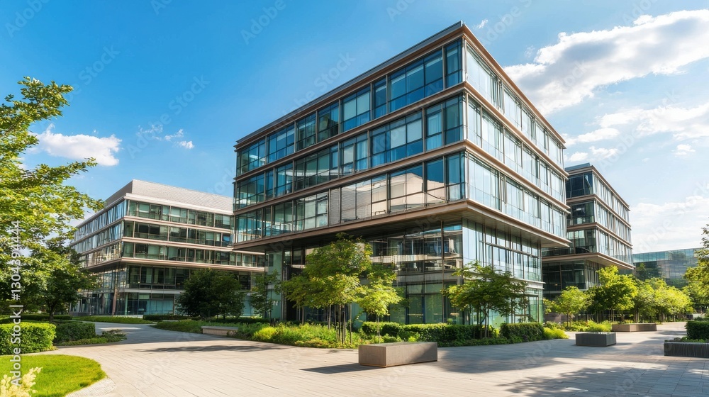 Low rise modern office building in suburban setting, modern office premises under the open sky Low rise modern office building in suburban setting, modern office premises under the open sky