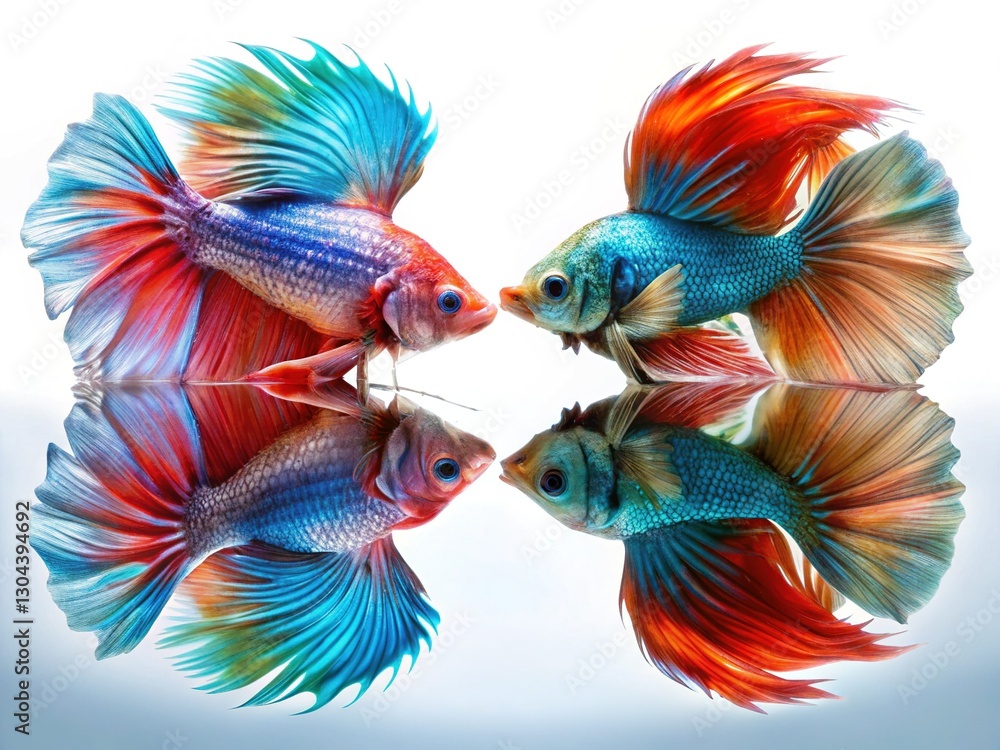 Obraz premium Vibrant Betta Splendens Siamese Fighting Fish with Stunning Mirror Reflection