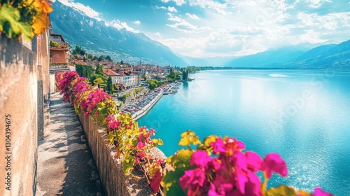 Majestic Montreux landscape, where vineyards meet luxury hotels and scenic lakefront promenades.