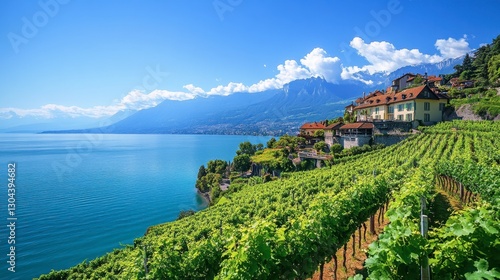 Majestic Montreux landscape, where vineyards meet luxury hotels and scenic lakefront promenades.