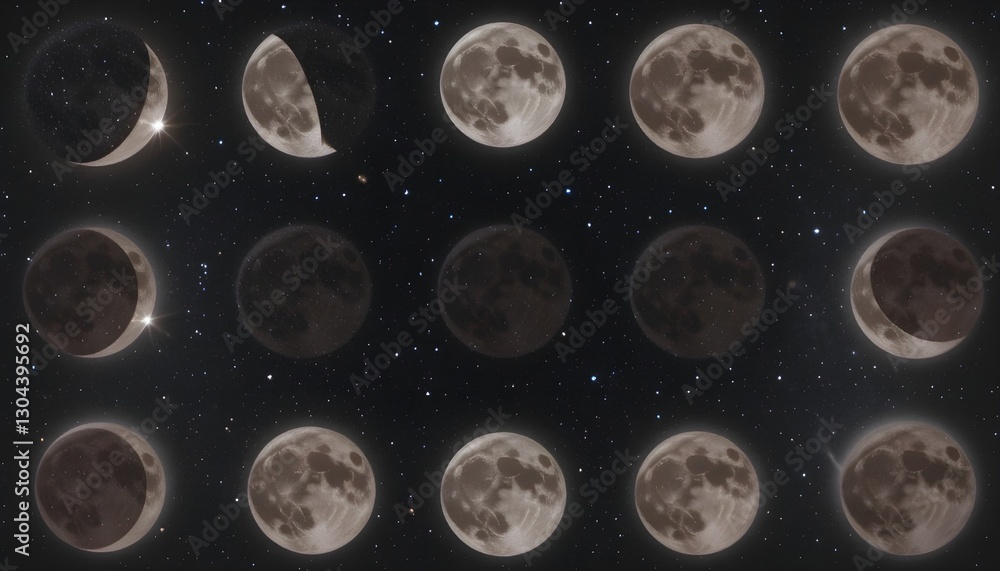 Obraz premium Lunar Phases Depicting the Moon's Cycle Against a Star-Filled Night Sky