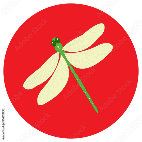 Light green dragonfly is placed on a red circle.