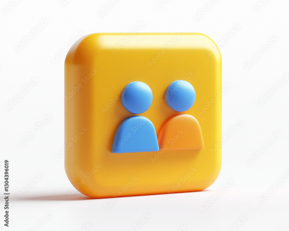 3D icon of customer advocacy badge featuring two stylized figures on yellow square background. figures are blue and orange, symbolizing collaboration and support 3D icon of customer advocacy badge featuring two stylized figures on yellow square background. figures are blue and orange, symbolizing collaboration and support