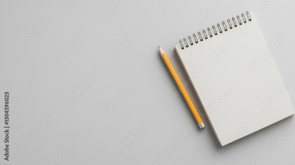 Modern gray stationery flat lay with a notebook and pencil on a neutral gray background, minimal and stylish. Modern gray stationery flat lay with a notebook and pencil on a neutral gray background, minimal and stylish.