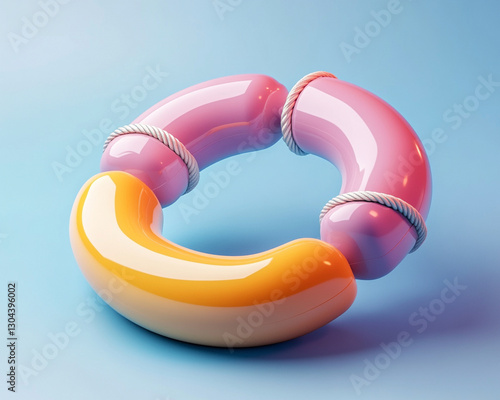 colorful, glossy 3D lifebuoy with pink and orange segments connected by ropes on light blue background. vibrant design symbolizes safety and support
