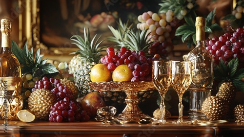 Fototapeta Naklejka Na Ścianę i Meble -  A luxurious still-life composition of exotic fruits and golden utensils, rich lighting