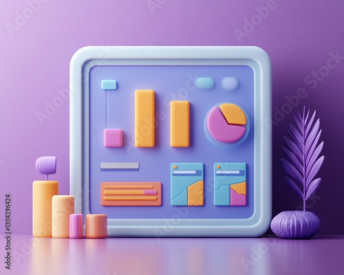 3D illustration of colorful CRM dashboard with charts and graphs on purple background