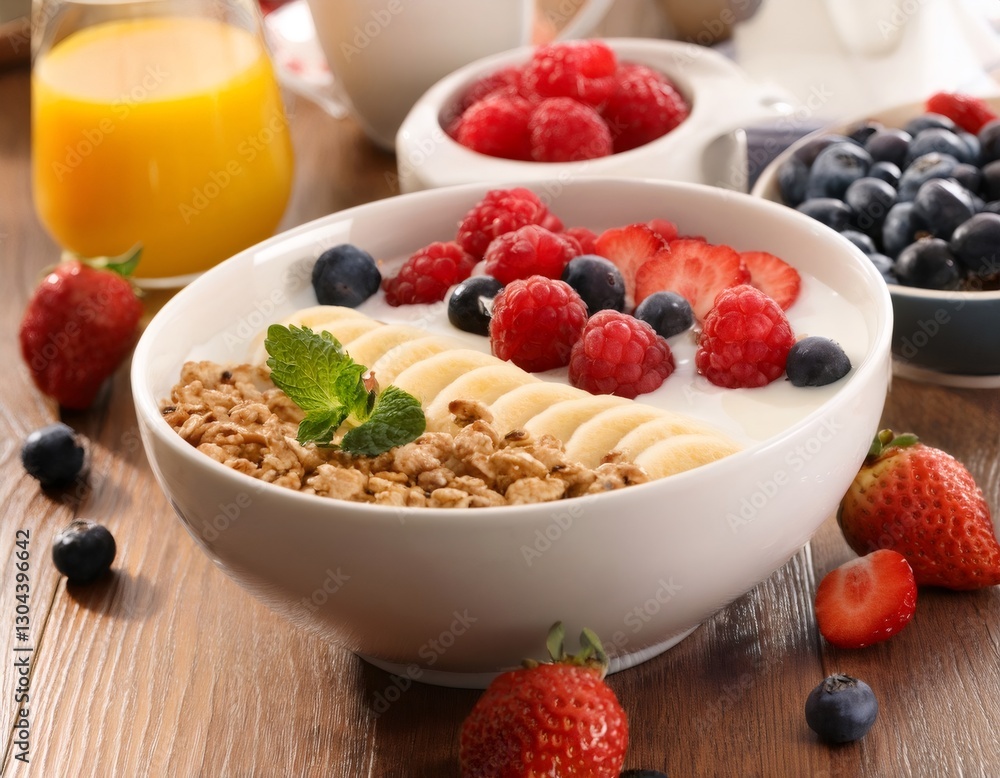 Bowl of yogurt, muesli, banana slices and fresh berries, a healthy and delicious breakfast option Bowl of yogurt, muesli, banana slices and fresh berries, a healthy and delicious breakfast option