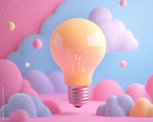 3D illustration of creative brainstorming lightbulb surrounded by colorful clouds, symbolizing innovation and ideas. pastel colors create dreamy and imaginative atmosphere