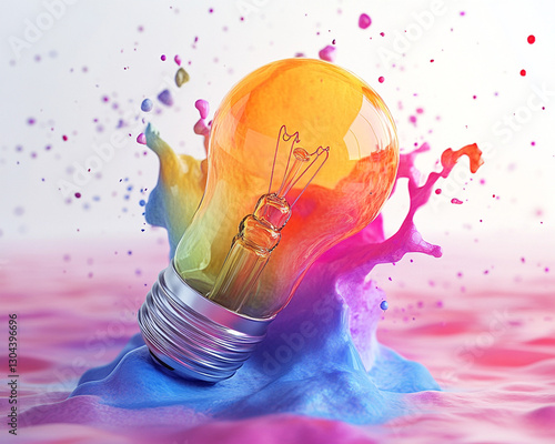 vibrant lightbulb splashes into colorful liquid, symbolizing creative ideas and innovation. dynamic mix of colors and motion conveys energy and inspiration