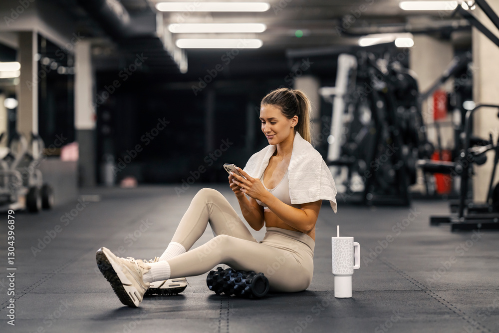 Fototapeta premium Sportswoman sitting on a gym floor after workouts and texting messages on cellphone.