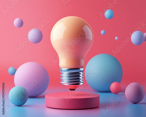 3D illustration of creative brainstorming lightbulb surrounded by colorful spheres on vibrant background. lightbulb floats above platform, symbolizing innovation and ideas