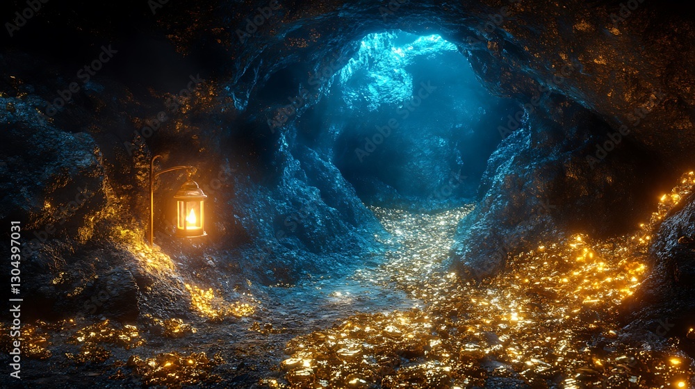 Deep Gold Mine Mysterious Pathway Treasure Lanterns Glowing Rocky Walls Photo Deep Gold Mine Mysterious Pathway Treasure Lanterns Glowing Rocky Walls Photo