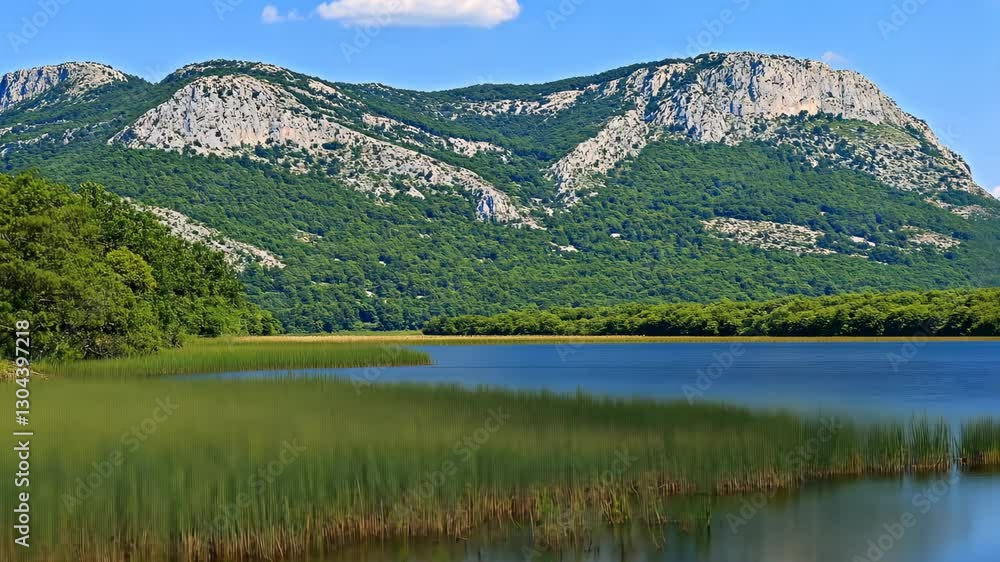 Scenic view of lush greenery and a serene lake surrounded by mountains under a clear blue sky Scenic view of lush greenery and a serene lake surrounded by mountains under a clear blue sky