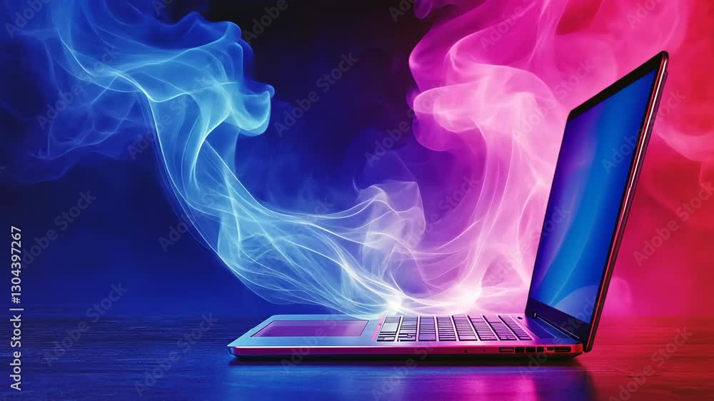 Vibrant smoke swirls emanate from an open laptop creating a dynamic visual effect in a dark setting Vibrant smoke swirls emanate from an open laptop creating a dynamic visual effect in a dark setting