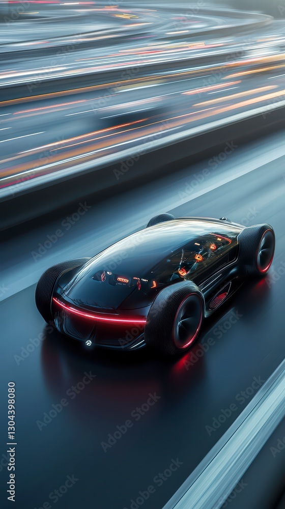Fototapeta premium Concept Car on Highway: A sleek, futuristic concept car speeds along a blurred highway at night, its lines and glowing lights emphasizing speed and innovation, a digital artwork.