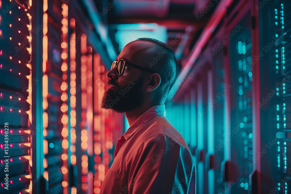 Obraz premium A man in a server room, with red and blue lights, concept: data, technology, IT, servers
