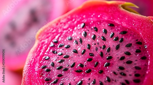 A high-resolution macro of a sliced dragon fruit with sharp contrast and vivid pink hues