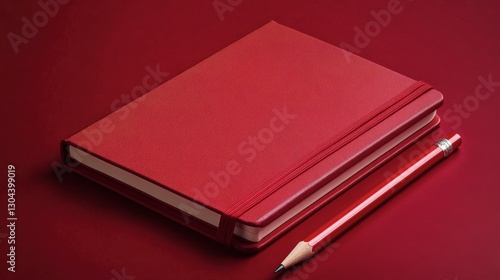 Red hardcover notebook and matching red pencil on a deep red background, bold and professional.