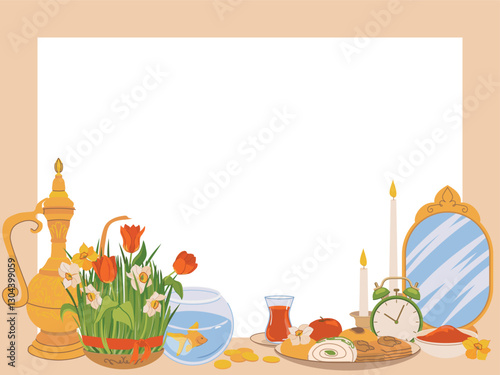 International Day of Nowruz card with a place for text. Iranian New Year is a holy day and religious holiday for Zoroastrians and Baha'is. Mirror, green grass, sweets, candles, flowers. Vector.