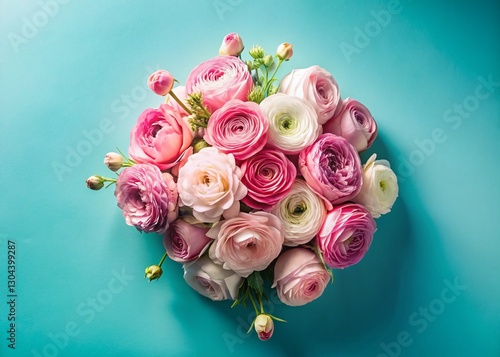 Aerial View: Delicate Pink Ranunculus & Rose Bouquet on Pastel Background