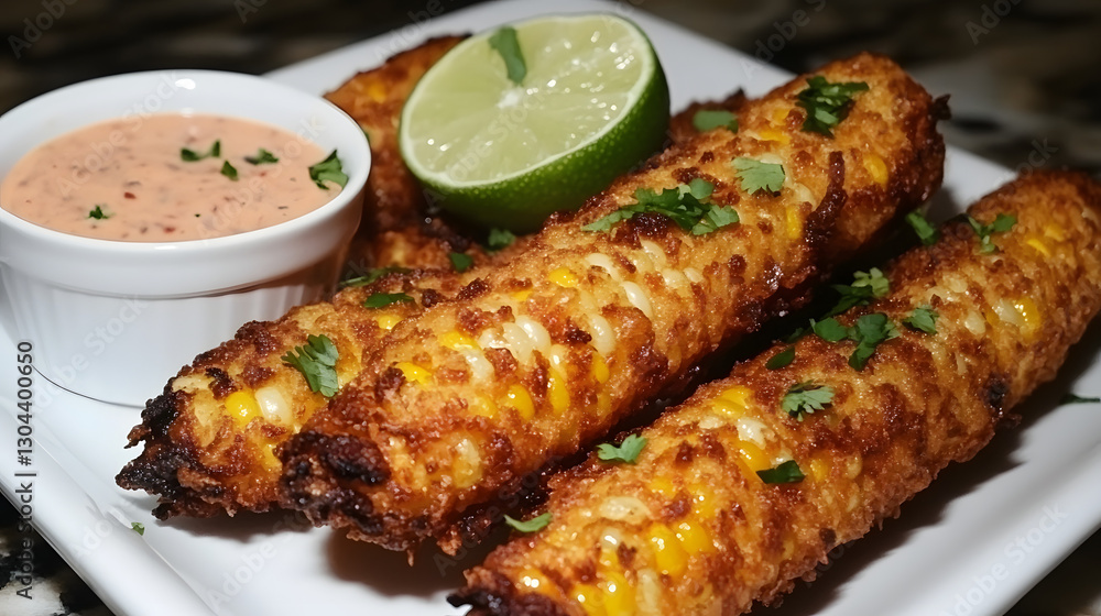 Deep fried corn cobs with a smoky chipotle chili herb sauce and a squeeze of fresh lime.Deep fried corn cobs with a smoky chipotle chili herb sauce and a squeeze of fresh lime. Deep fried corn cobs with a smoky chipotle chili herb sauce and a squeeze of fresh lime.Deep fried corn cobs with a smoky chipotle chili herb sauce and a squeeze of fresh lime.