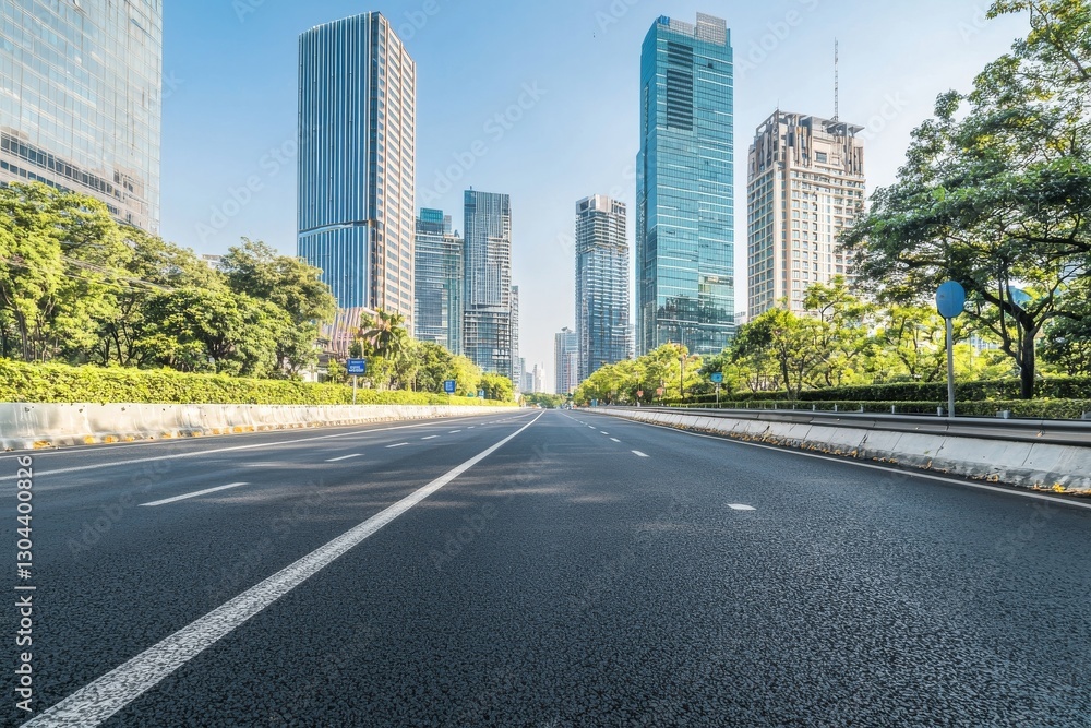 A city skyline with modern buildings and an asphalt road is on display, showing the road from the side A city skyline with modern buildings and an asphalt road is on display, showing the road from the side