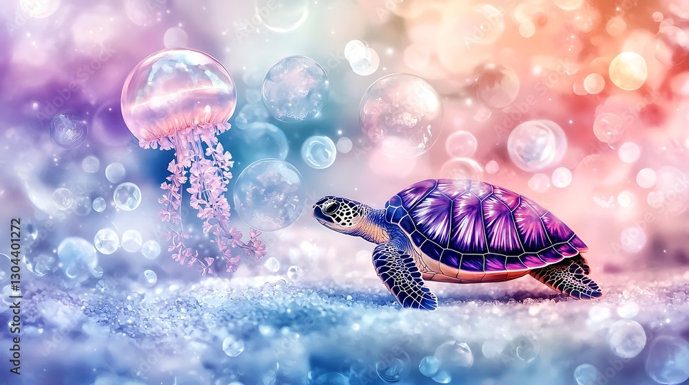 Naklejka premium Colorful turtle encounters jellyfish underwater ocean digital art serene setting close-up marine life