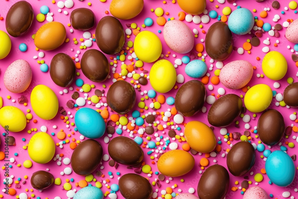 Colorful Chocolate Eggs and Sprinkles on a Pink Background, Easter Candy Pattern for Decoration Colorful Chocolate Eggs and Sprinkles on a Pink Background, Easter Candy Pattern for Decoration