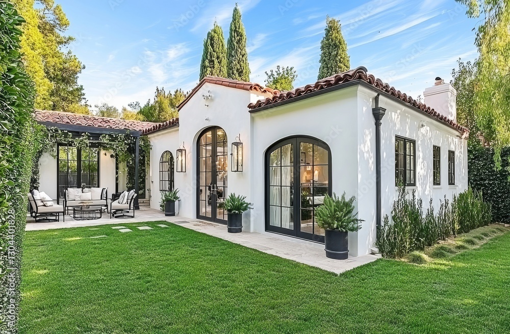 A gorgeous home exterior is characterized by its well-manicured green grass and colorful flower garden, located adjacent to the patio area at the front of the house, with additional outdoor A gorgeous home exterior is characterized by its well-manicured green grass and colorful flower garden, located adjacent to the patio area at the front of the house, with additional outdoor