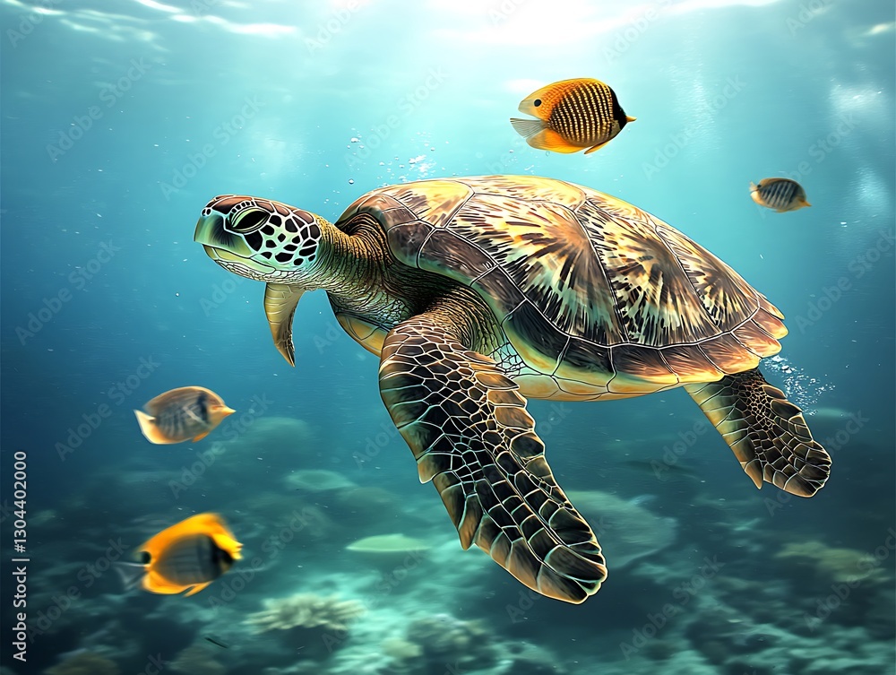 Fototapeta premium Swimming sea turtle and colorful fish coral reef underwater scene peaceful environment vibrant colors