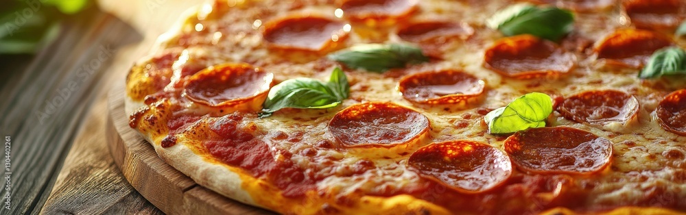 Freshly baked pepperoni pizza with basil on a wooden table Freshly baked pepperoni pizza with basil on a wooden table