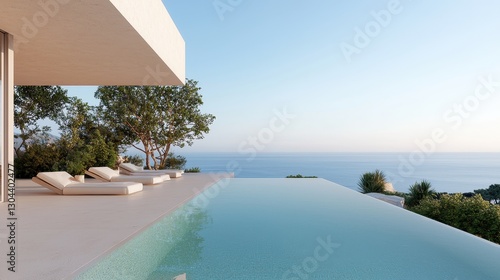 Modern Luxury Villa with Infinity Pool Overlooking Ocean and Clear Skies at Sunrise or Sunset in Tranquil Setting