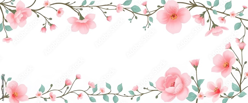 Naklejka premium Seamless border design with graceful tendrils of Blush Pink & Turquoise for spring invitations or branding.