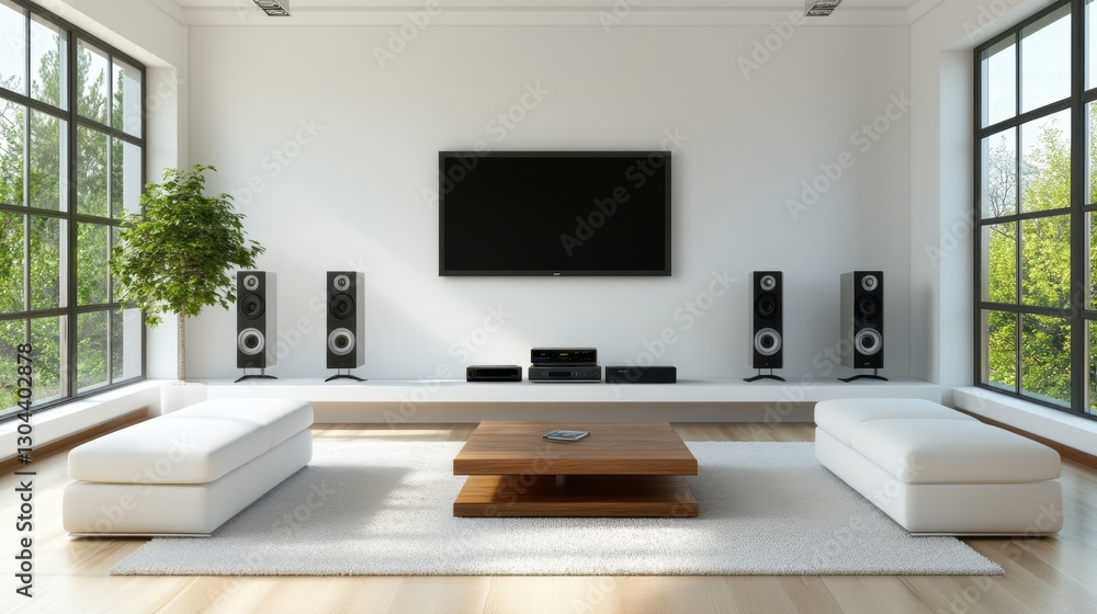 Ultra-modern home theater setup with a mounted Smart TV on a white wall, featuring hidden speakers. Ultra-modern home theater setup with a mounted Smart TV on a white wall, featuring hidden speakers.