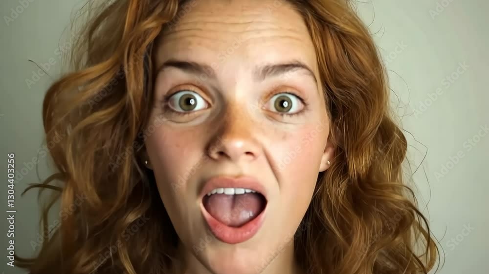 Woman with red hair and a surprised expression. She is wearing a white shirt. Concept of surprise and excitement Woman with red hair and a surprised expression. She is wearing a white shirt. Concept of surprise and excitement