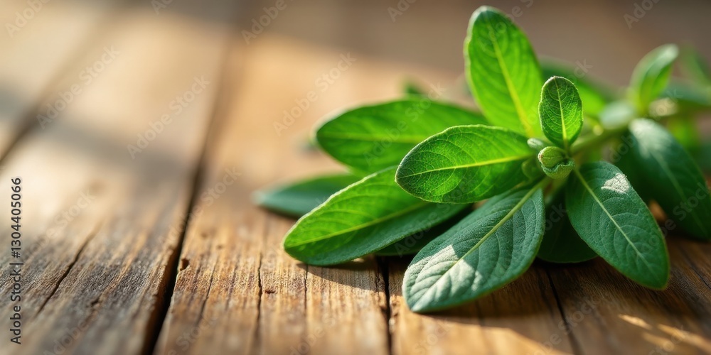 Lush Green Sprig of Aromatic Herb Resting on Rustic Wooden Surface in Warm Sunlight Lush Green Sprig of Aromatic Herb Resting on Rustic Wooden Surface in Warm Sunlight