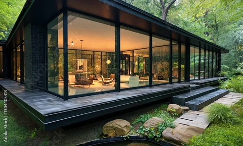 Modern Glass House in Lush Green Forest Setting