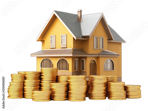 3D Model of a House Surrounded by Stacks of Gold Coins, Isolated on a Transparent Background