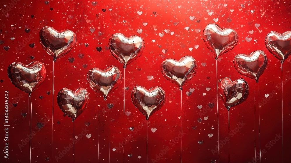 Fototapeta premium A vibrant red canvas, dotted with the playful hearts of silver foil balloons, inviting viewers to celebrate Valentine is Day with a celebratory and vertical perspective.