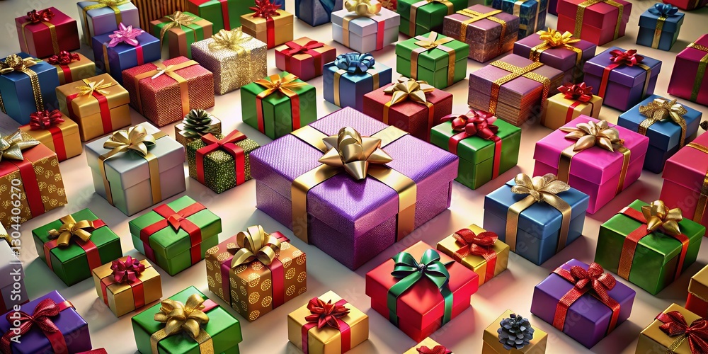 Fototapeta premium Aerial View of Beautifully Wrapped Christmas Presents on White Background