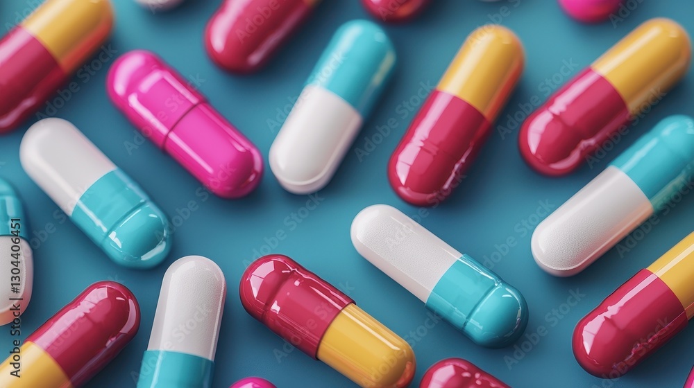 Colorful Capsules and Pills Arranged Artistically on a Blue Surface - Close-Up Stock Photo Colorful Capsules and Pills Arranged Artistically on a Blue Surface - Close-Up Stock Photo