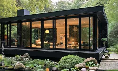Modern Black House nestled in lush greenery by a tranquil pond.