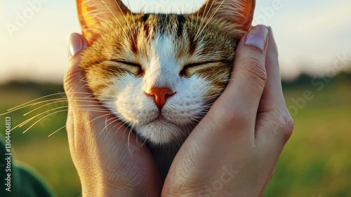 Serene Outdoor Moment Person Gently Holds Content Cat Face with Both Hands, Showcasing Affection and Relaxation in Sunny Setting with Closed Eyes and Warm Sunlight Enhancing Peaceful Atmosphere