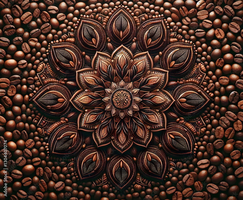 Naklejka premium Zauberhaftes Mandala, gelegt aus Kaffeebohnen, braun, Hintergrund