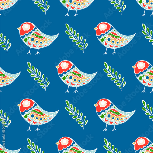  Folk bird and flower ornament. Pattern in hand draw style, created for fabrics