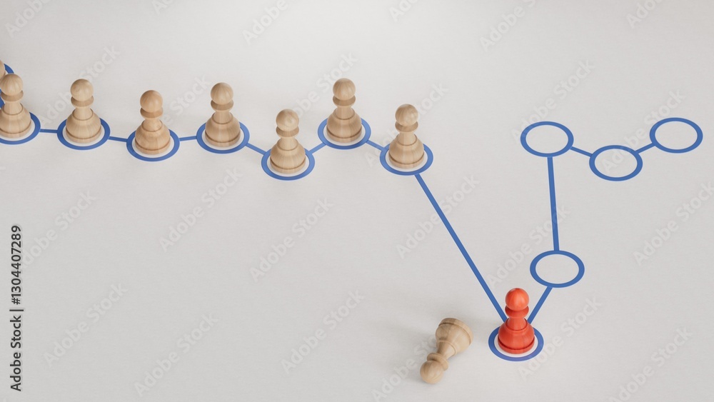 Obraz premium pawns over a red chart to recover from a crisis. Business continuity plan or disaster recovery concept .Made and rendered in C4D, not AI.