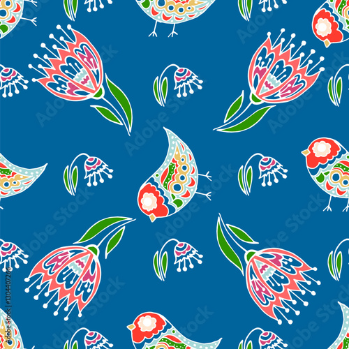  Folk bird and flower ornament. Pattern in hand draw style, created for fabrics