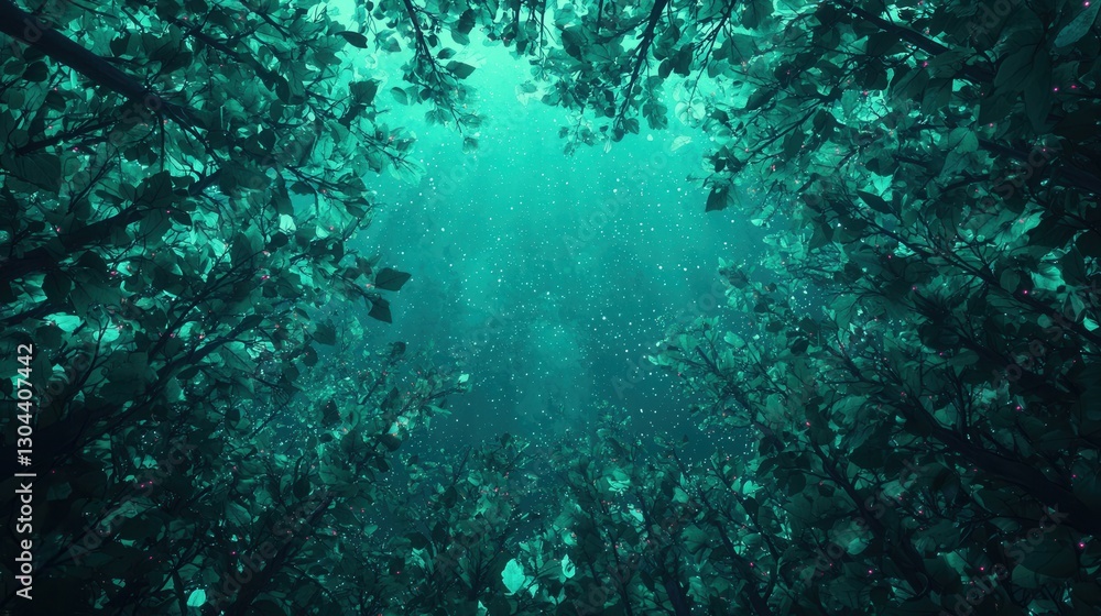 Fototapeta premium Enchanting Underwater Scene Featuring Lush Green Leaves and Tranquil Blue Water in a Serene Atmosphere