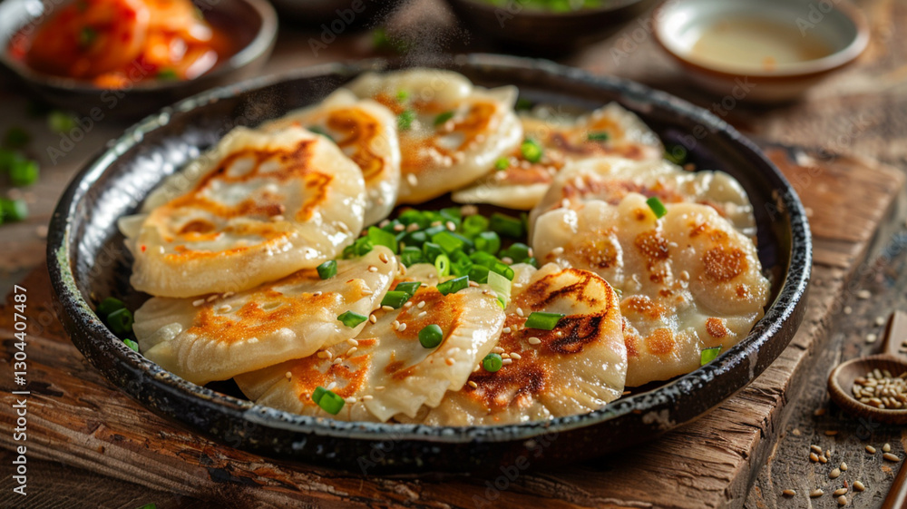 food photograph of dumplings, extremely thin and crispy, golden-brown with a slightly translucent surface, resting on a traditional Korean ceramic plate. food photograph of dumplings, extremely thin and crispy, golden-brown with a slightly translucent surface, resting on a traditional Korean ceramic plate.